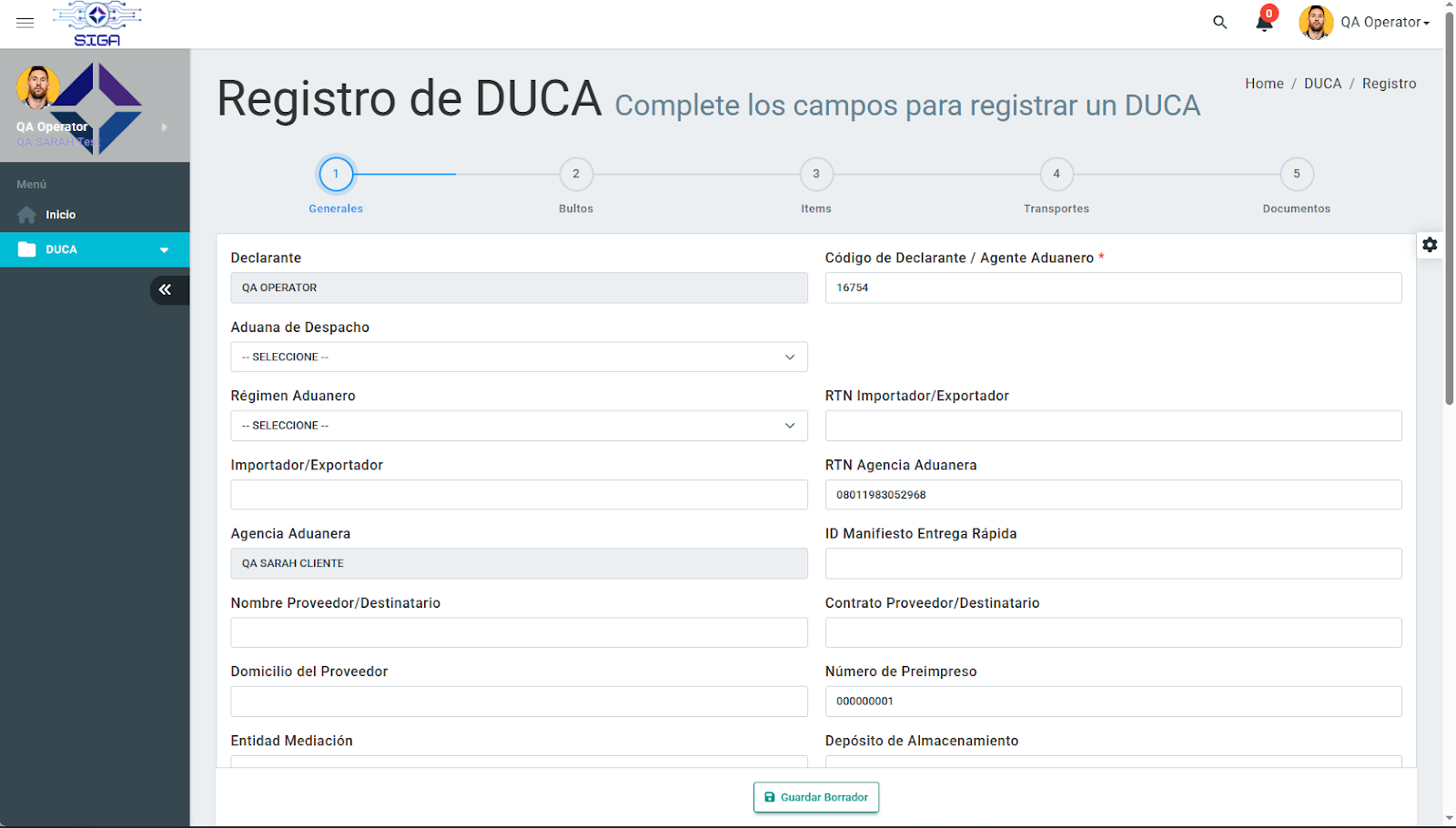 Vista previa interfaz SIGA Registro de DUCA