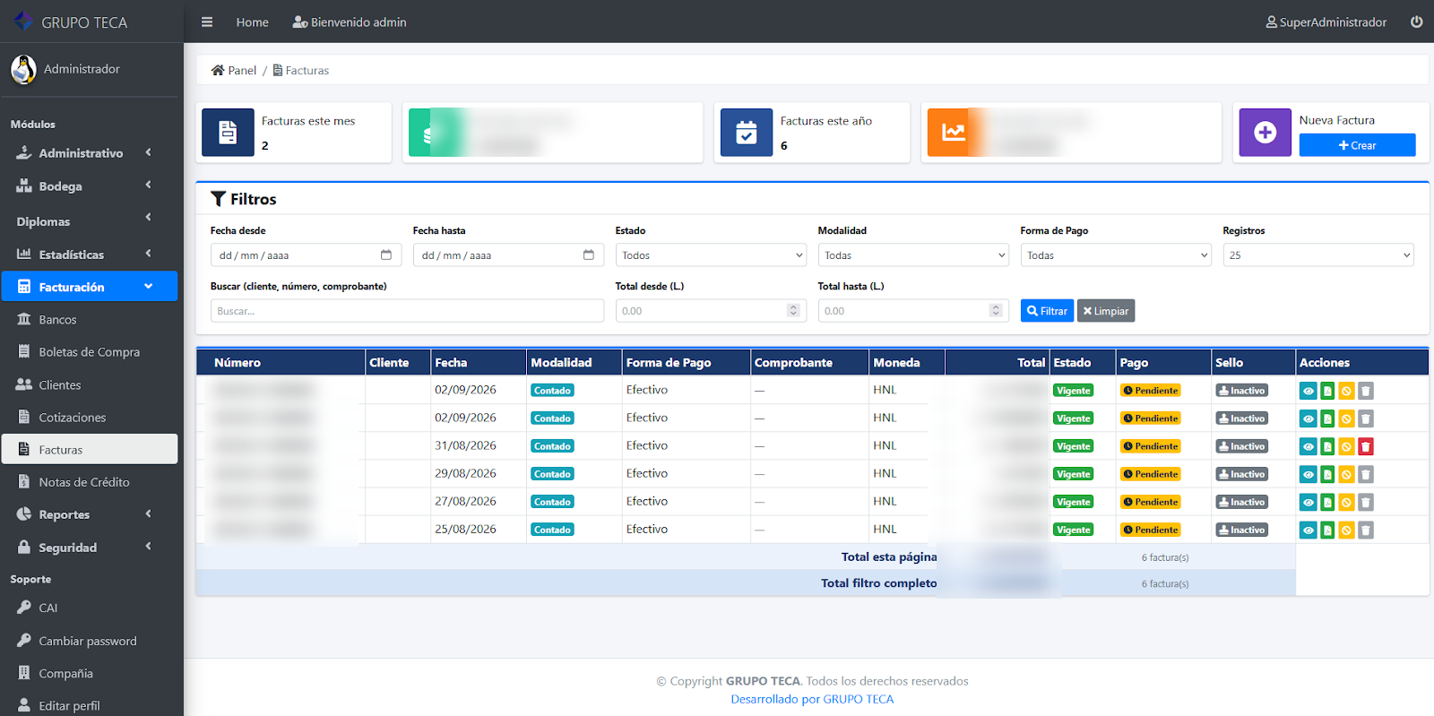 Vista previa interfaz TECA Admin Facturación SAR
